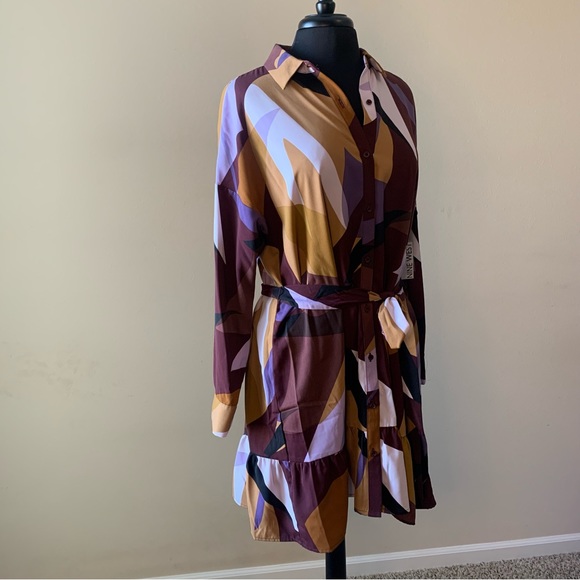 NINE WEST Shirtdress Large Plum Gold Long Sleeve Tie Belt NWT - Picture 3 of 13
